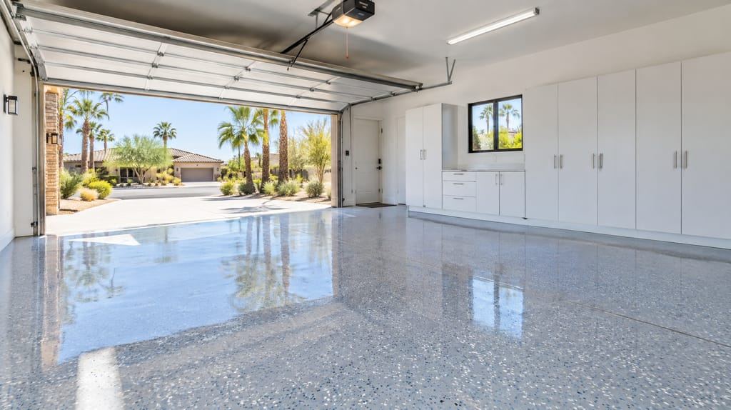 Finished flake epoxy garage floor in a Gilbert home